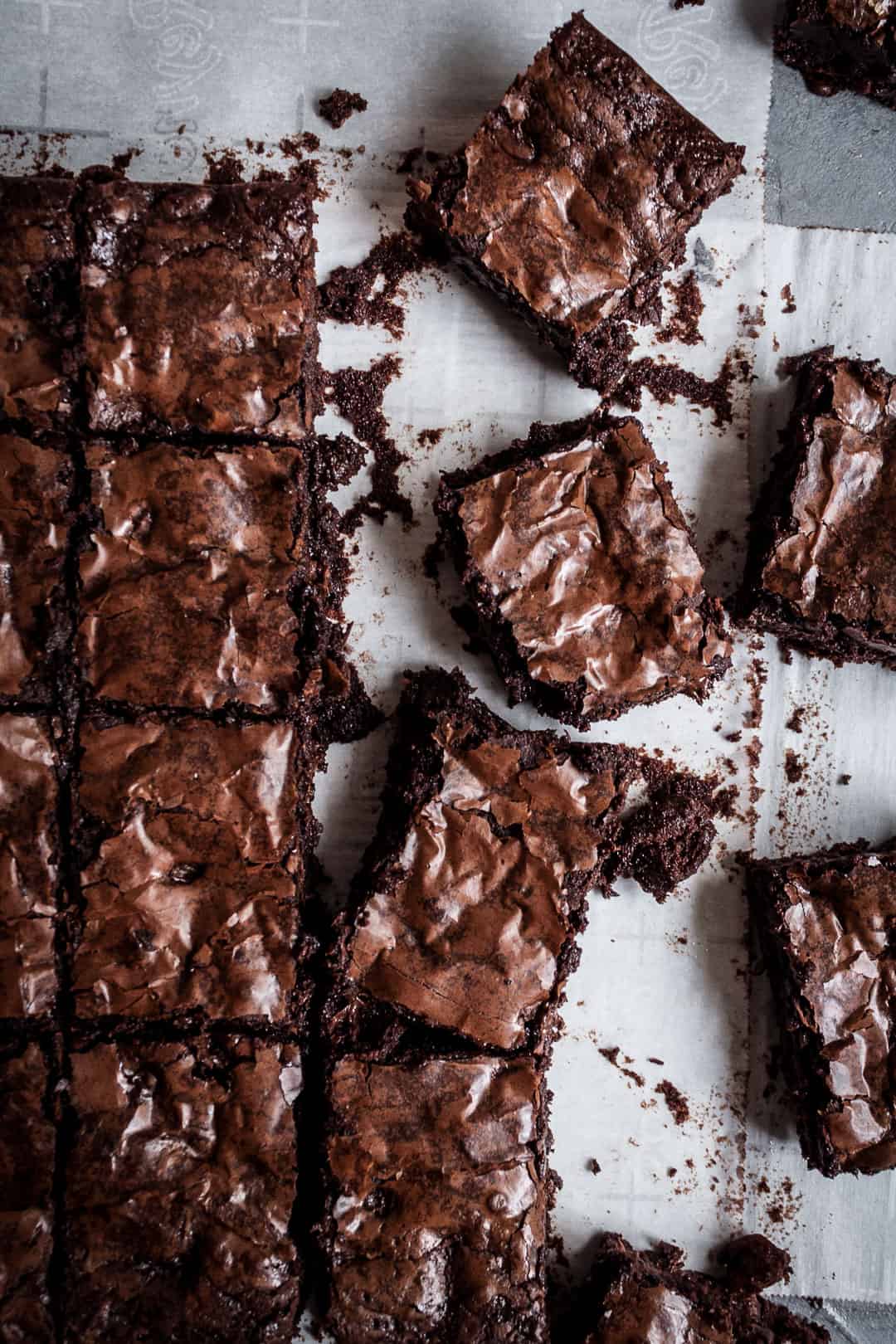 Top view of cut squares of brownies with port soaked cherries