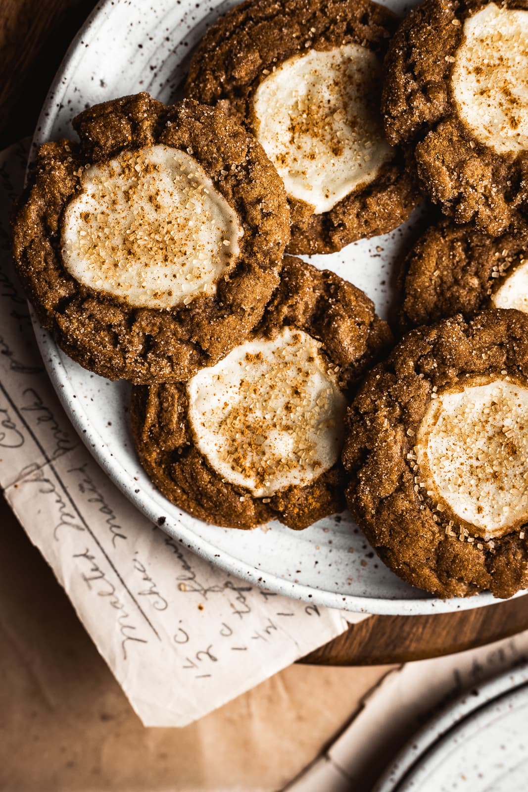 Close up of pumpkin cream cheese cookies on a plate