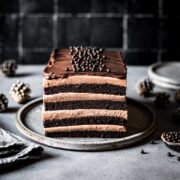 A layered rectangular chocolate cake with mousse filling on a grey plate and grey stone surface with a black tile background. Edible chocolate pearls in a small bowl and two ceramic plates peek out from the right hand of the scene. There are pine cones out of focus in the back of the image.