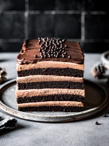 A layered rectangular chocolate cake with mousse filling on a grey plate and grey stone surface with a black tile background. Edible chocolate pearls in a small bowl and two ceramic plates peek out from the right hand of the scene. There are pine cones out of focus in the back of the image.