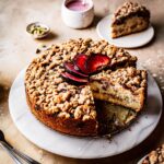 A round coffee cake with several slices cut out of it on a marble platter on a warm tan surface. There is a fan of sliced plums on top of the cake. Nearby are several slices on small plates, a container of pink glaze, and a small bowl of green cardamom pods.