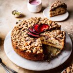 A round coffee cake with several slices cut out of it on a marble platter on a warm tan surface. There is a fan of sliced plums on top of the cake. Nearby are several slices on small plates, a container of pink glaze, and a small bowl of green cardamom pods.