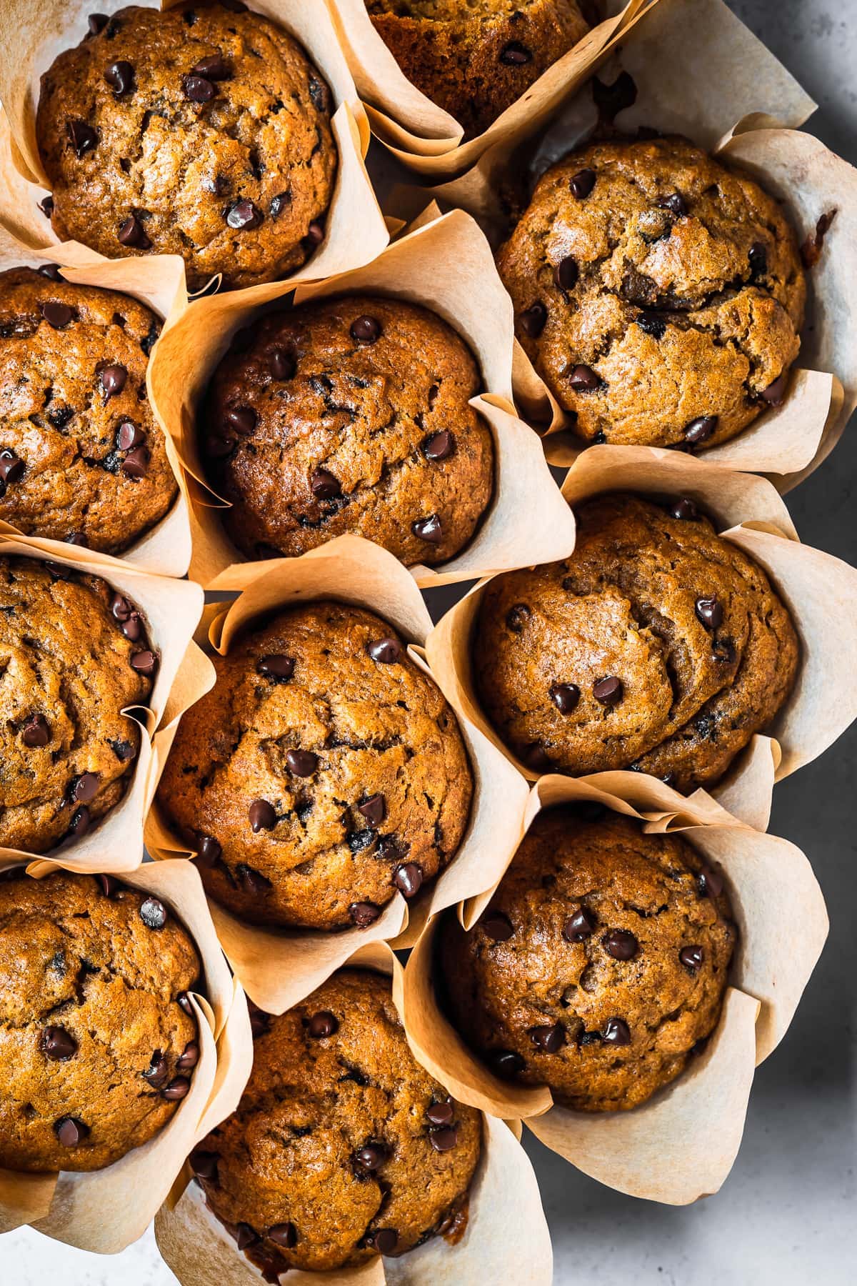 A closeup view of eleven pumpkin banana muffins nestled next to each other in brown parchment paper liners. 