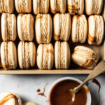 Close up view of salted caramel macarons tipped on their side and nestled into a gold metal pan. A small bowl of salted caramel is at the bottom right of the frame with a vintage gold spoon in it. Caramel drips are on the white marble background surface.