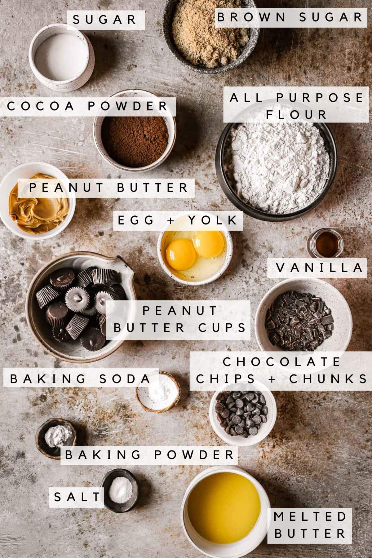 Ingredients for chocolate peanut butter cup cookies.
