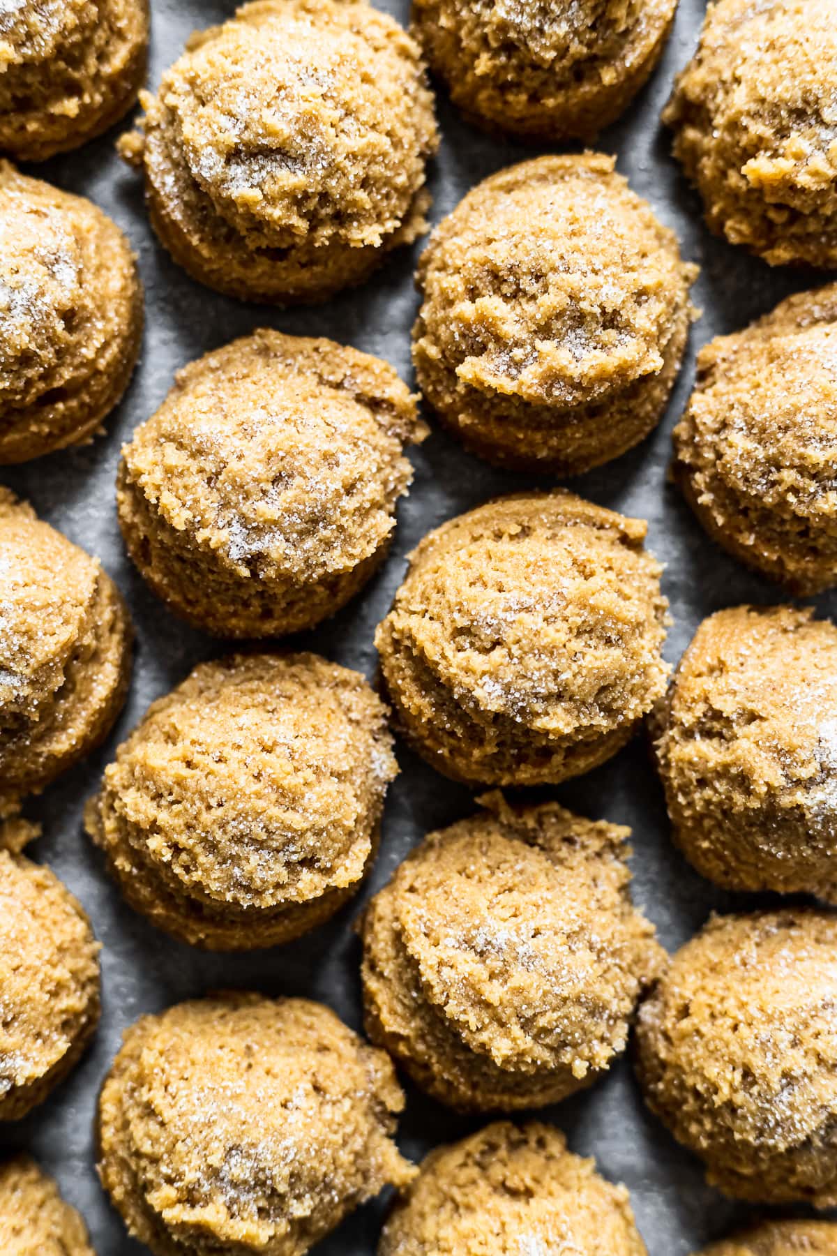 Scoops of peanut butter cookie dough sprinkled with granulated sugar on a parchment lined baking sheet.