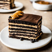 A side view of a rectangular piece of chocotorta icebox cake showing the alternating chocolate cookie layers and the dulce de leche cream cheese layers. The cake rests on a beige ceramic plate on a tan stone surface. Another slice and a bowl of dulce de leche are out of focus in the background.