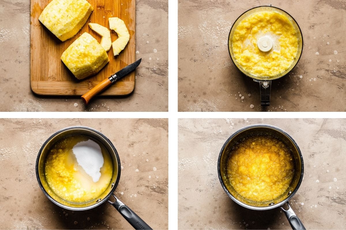 Process photos showing a peeled pineapple on a cutting board, crushed pineapple in a food processor, raw pineapple with sugar and lime juice in a saucepan, and cooked pineapple jam.