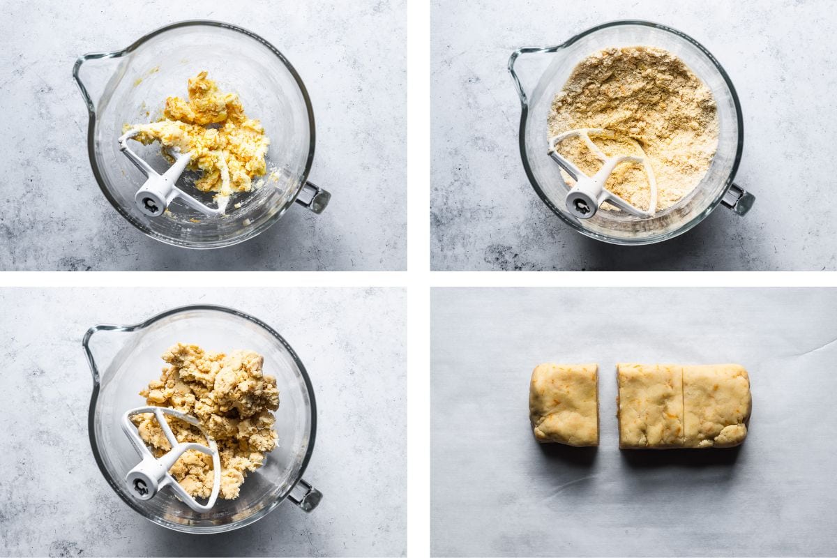 Four process photos showing pasta frola dough in various stages of being mixed in a glass mixing bowl with a paddle attachment, and the dough being divided into pieces on a piece of white parchment paper.