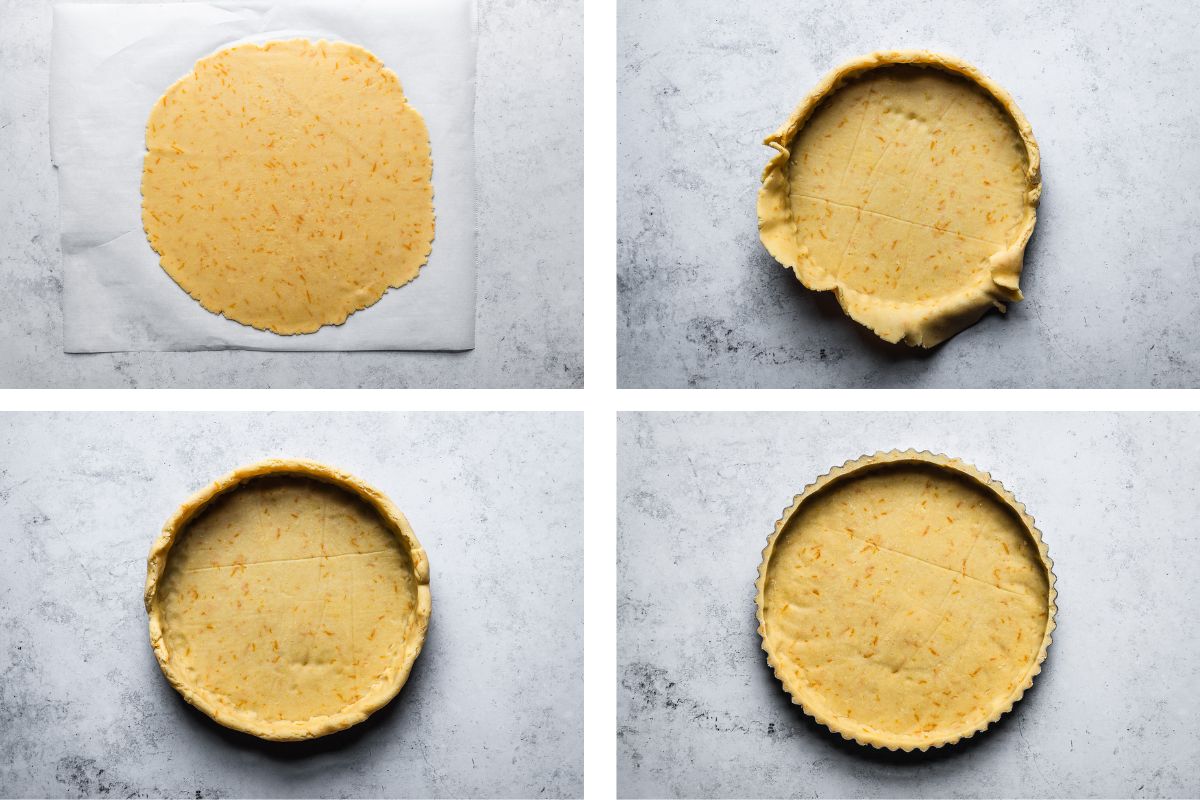 Process photos showing four images of dough being prepared for a tart. 1. Dough being rolled out. 2. Dough placed in pan. 3. Edges crimped and folded over. 4. Excess dough trimmed. The dough is a warm yellow in color and has flecks of orange zest. The surface is blue-grey concrete.