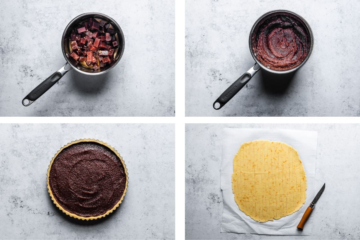 Process photos showing three images of quince paste filling being prepared for a tart, and one image of lattice strips being cut from dough for the top of the tart. The surface is blue-grey concrete.