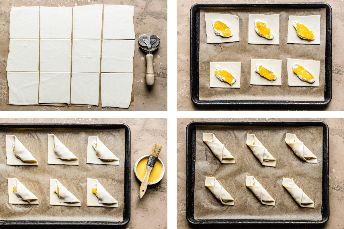 A composite of four process photos showing how to cut puff pastry squares, add filling, fold and seal them. All photos on a warm tan stone background.