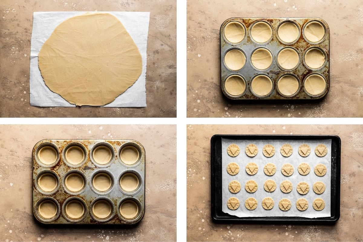 Process photos showing four images of cookie dough being prepared. First image shows rolled out dough, second image shows dough circles in a muffin tin, third image shows dough circles pressed into wells of muffin tins, and fourth image shows cookie tops which are circles of dough with hearts on top. All images have a backdrop with a warm tan stone surface.