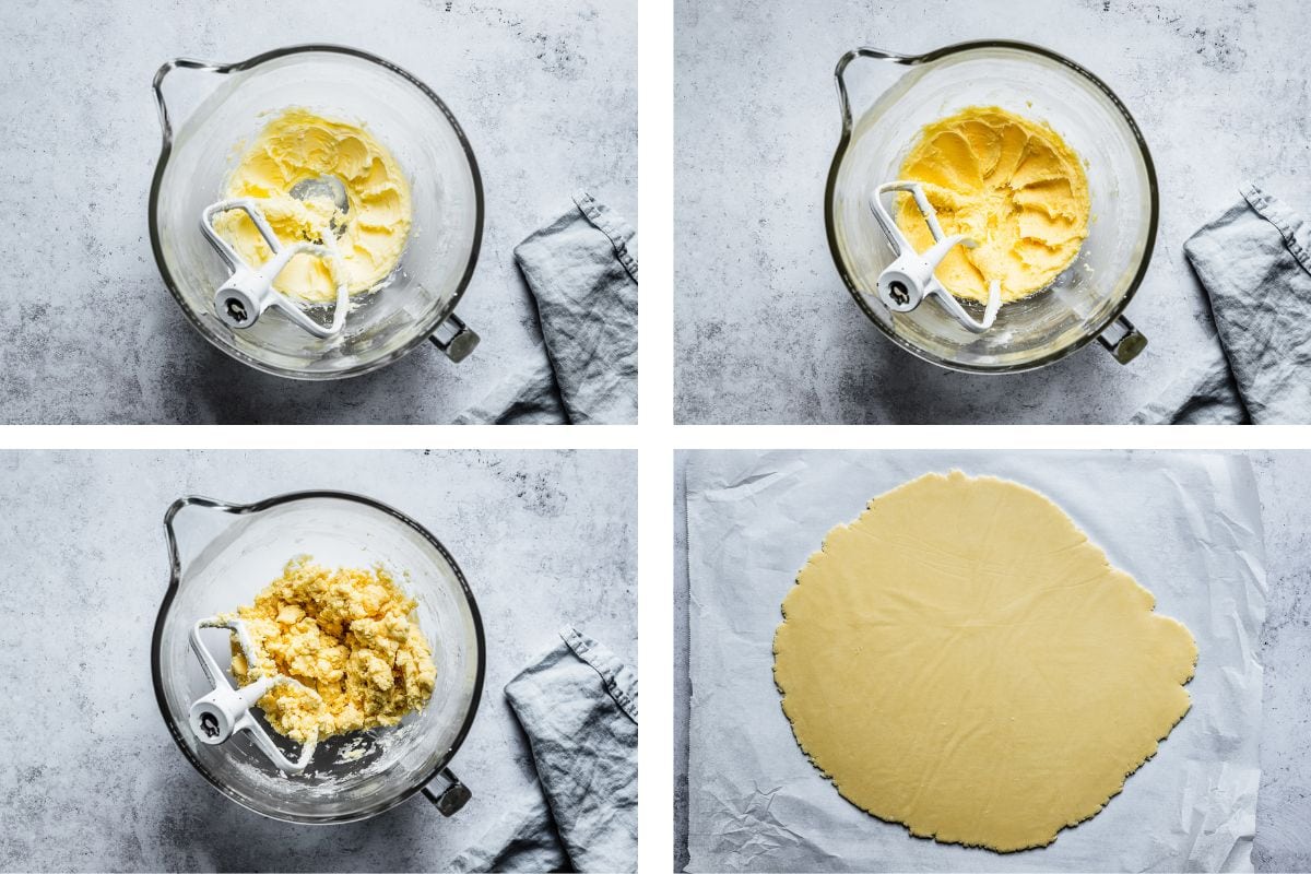 Process photos showing dough being mixed and rolled out for alfajores