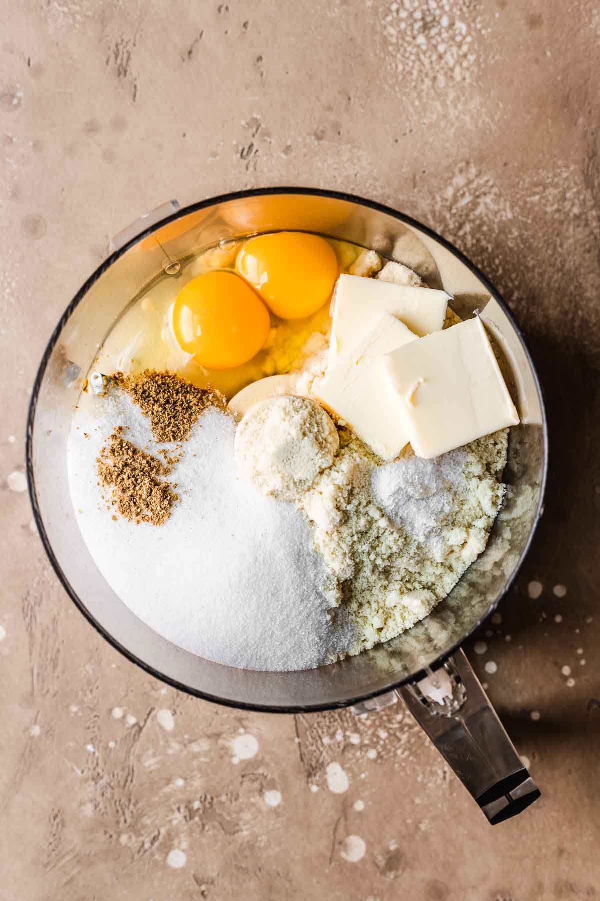 Ingredients for almond cream (frangipane) ready to mix in the food processor.