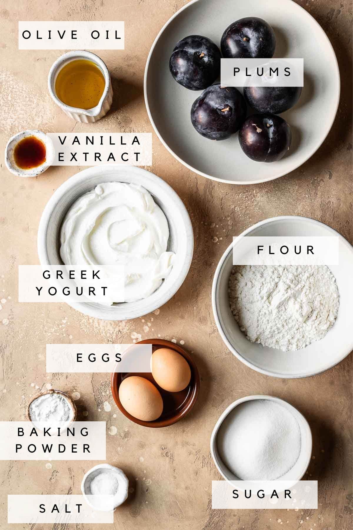 Ingredients for making plum yogurt cake.