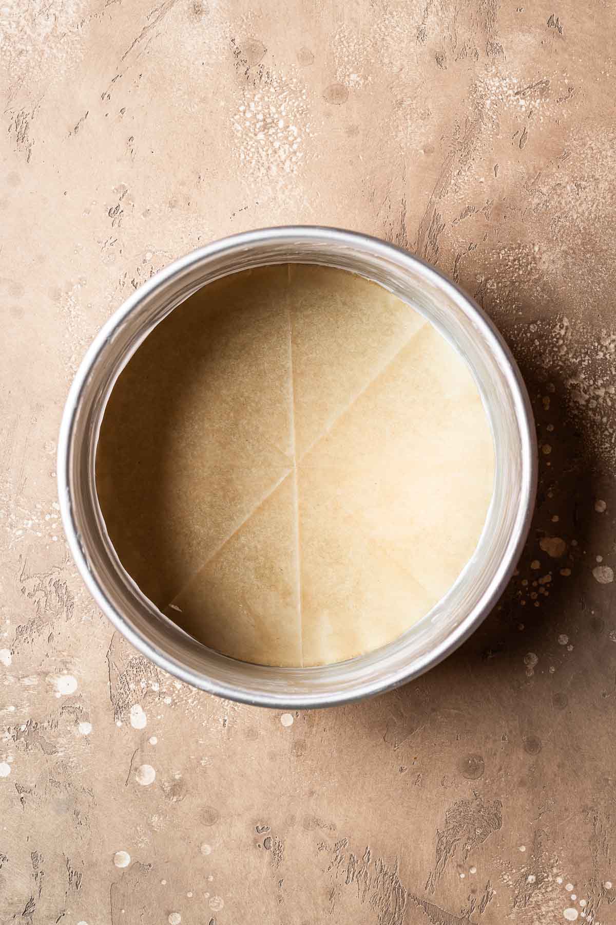 A greased and parchment lined 8 inch cake pan.