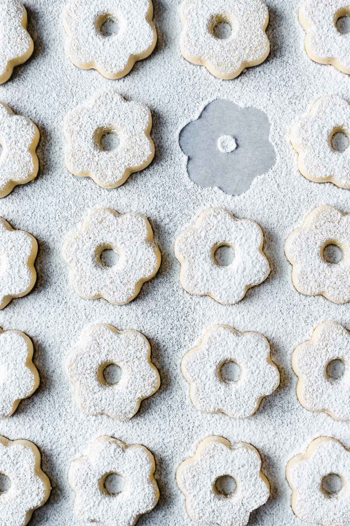 Baked canestrelli cookies dusted with powdered sugar.