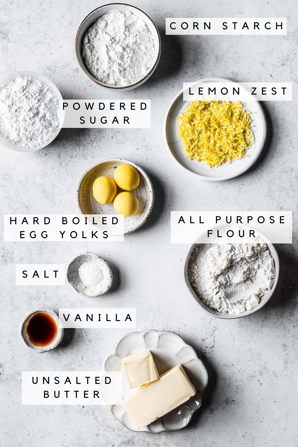 Labeled ingredients for Italian canestrelli cookies.