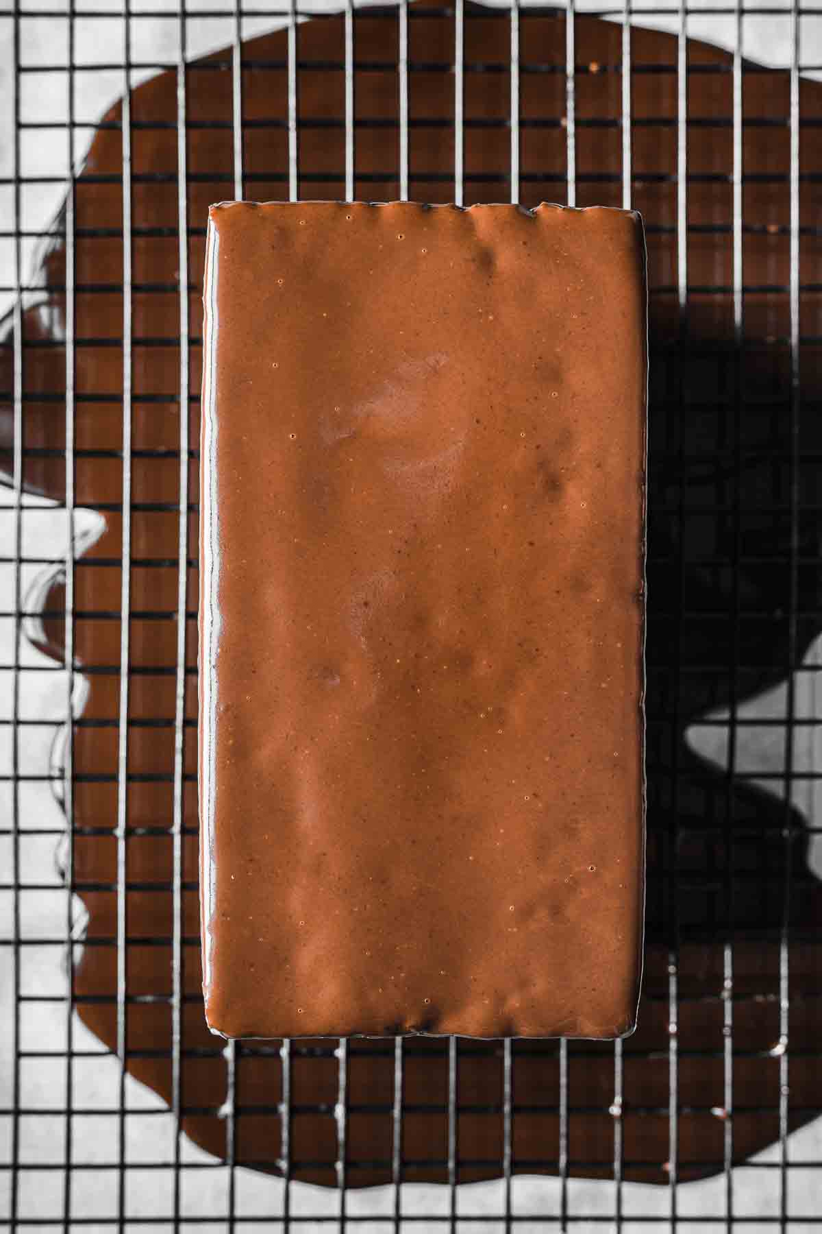 A loaf cake glazed with chocolate ganache.