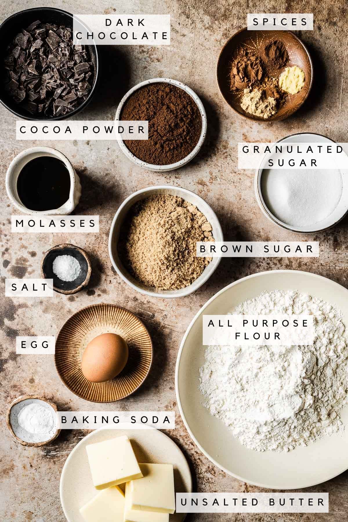 Labeled ingredients for chocolate molasses gingerbread cookies.