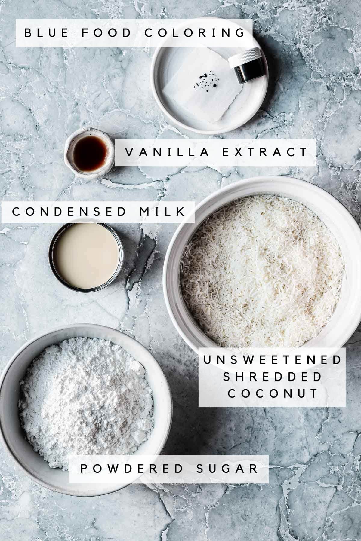 Labeled ingredients for coconut ice candy.