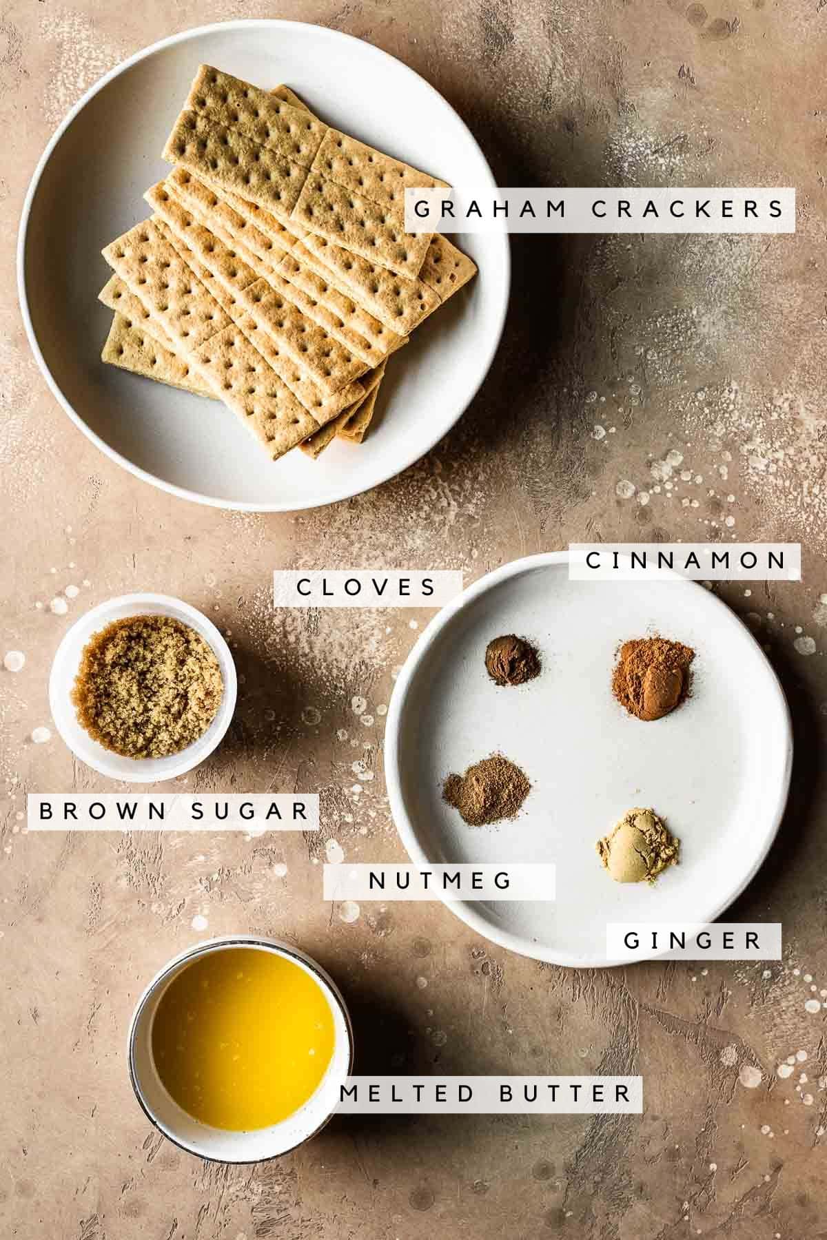 Labeled ingredients for gingerbread cheesecake crust.
