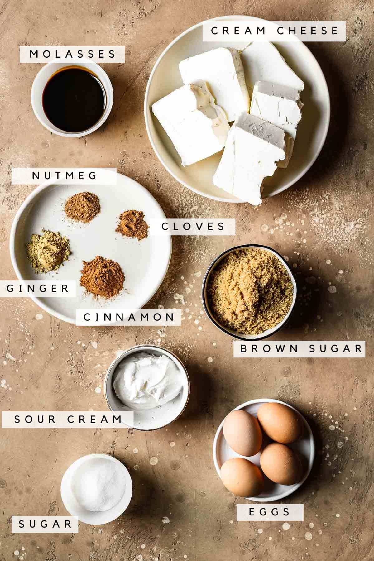 Labeled ingredients for gingerbread cheesecake filling.