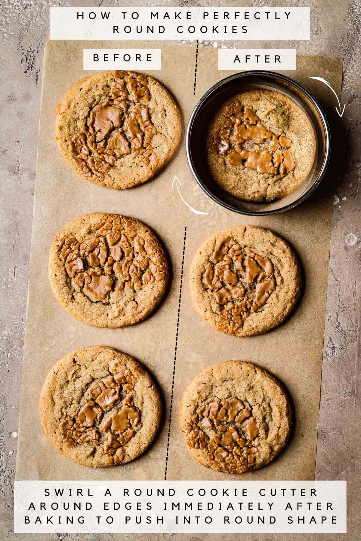 Baked cookies before and after being swirled with a round cookie cutter to push into a round shape.