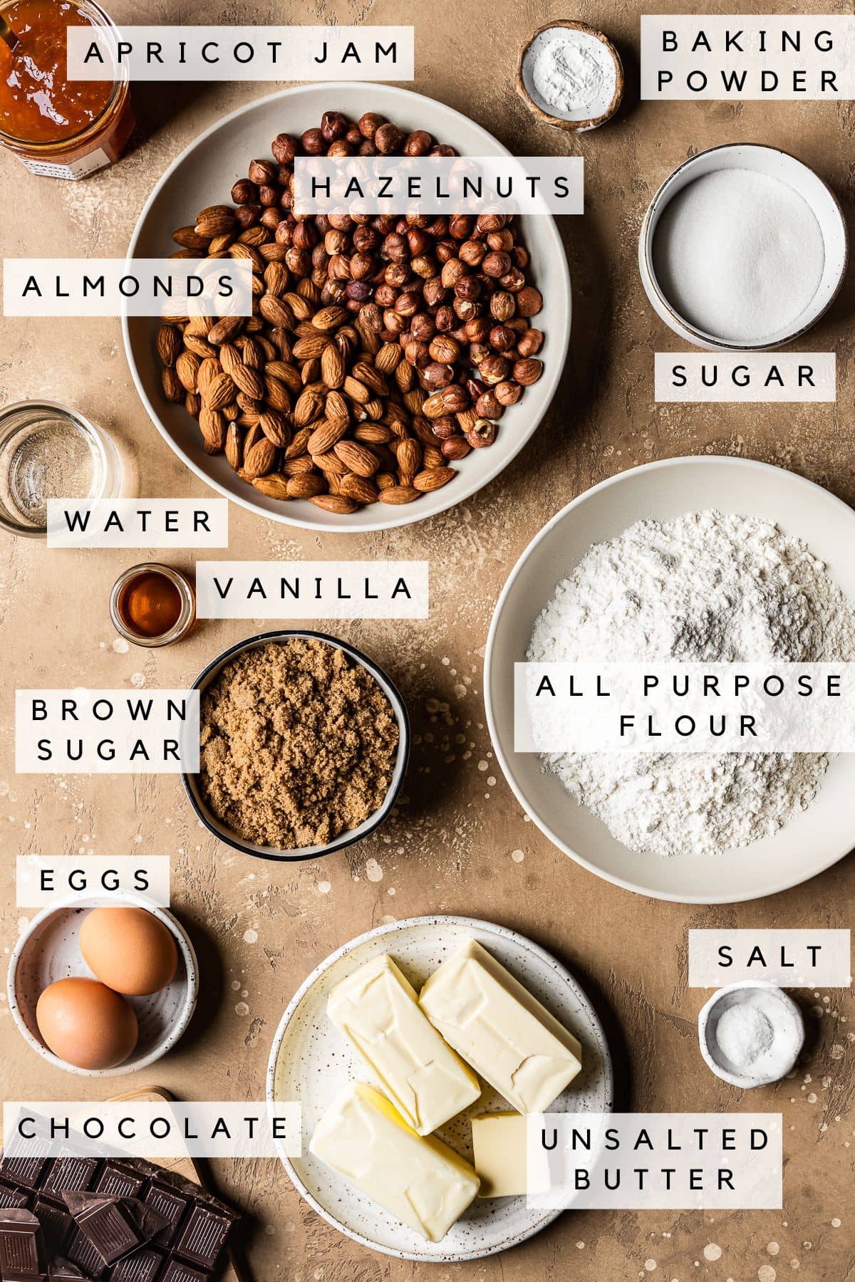 Labeled display of ingredients for German nussecken cookies.