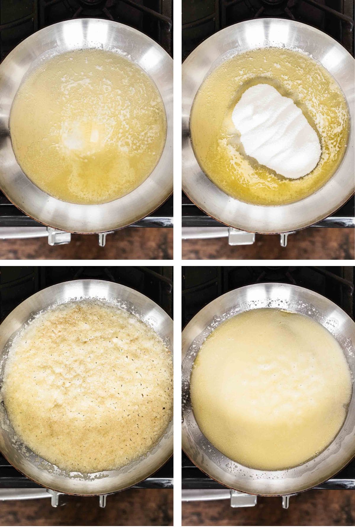 Four images showing the first steps of preparing salted caramel sauce, including melting butter, adding granulated sugar, and letting sugar melt.