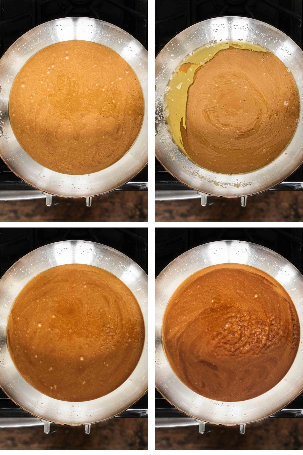 Four images showing the middle steps of preparing salted caramel sauce, including browning caramel, mixing until sugar and butter emulsify, and letting sugar turn a deep copper brown color.