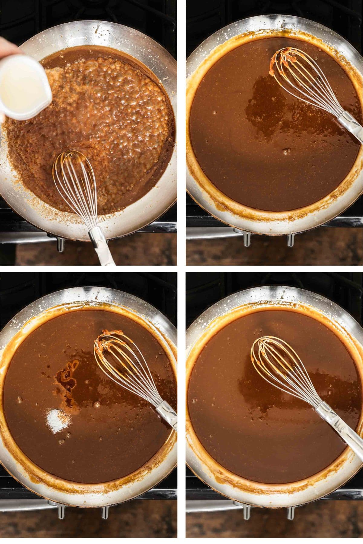 Four images showing the last steps of preparing salted caramel sauce, including adding cream, stirring it in, adding vanilla and salt, and finally, stirring to achieve a smooth consistency.