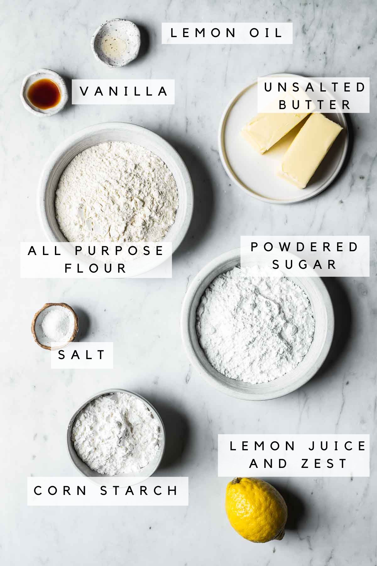 Labeled ingredients for citrus shortbread cookies.