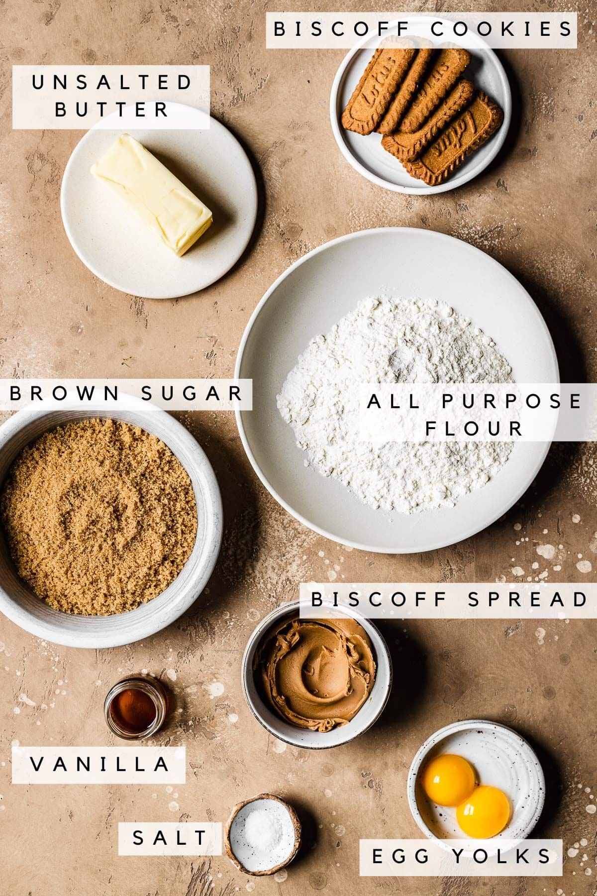 Labeled ingredients in bowls.