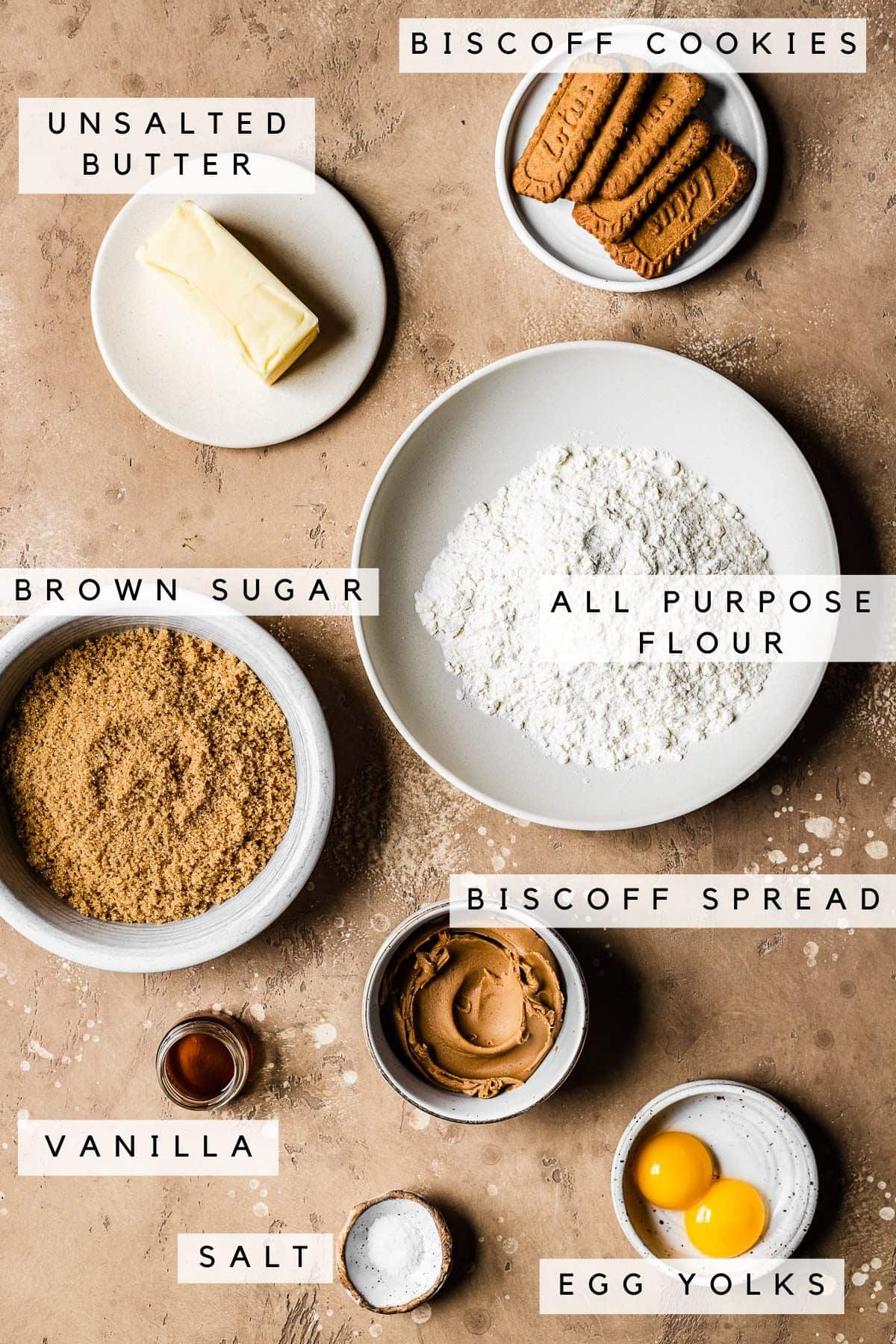 Labeled ingredients for biscoff blondies on a warm tan stone surface.