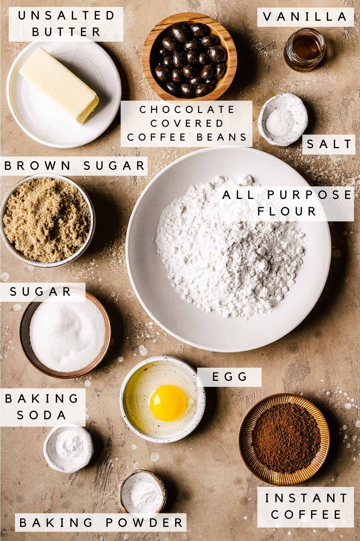 Labeled ingredients for a coffee cookie recipe.