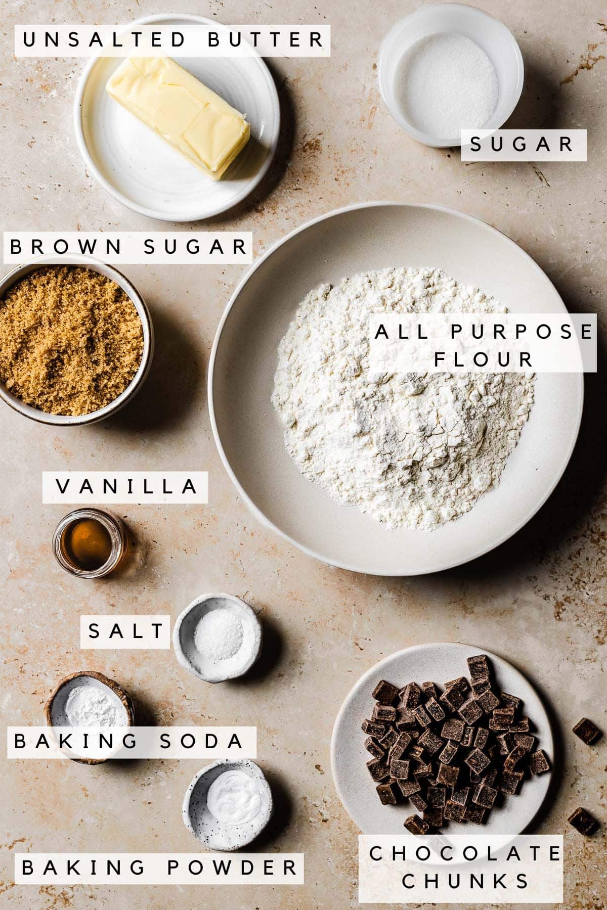 Labeled base ingredients for eggless chocolate chip cookie recipe.