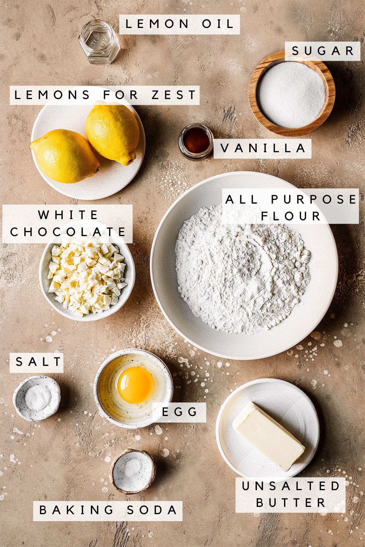 Labeled ingredients for lemon white chocolate cookies.