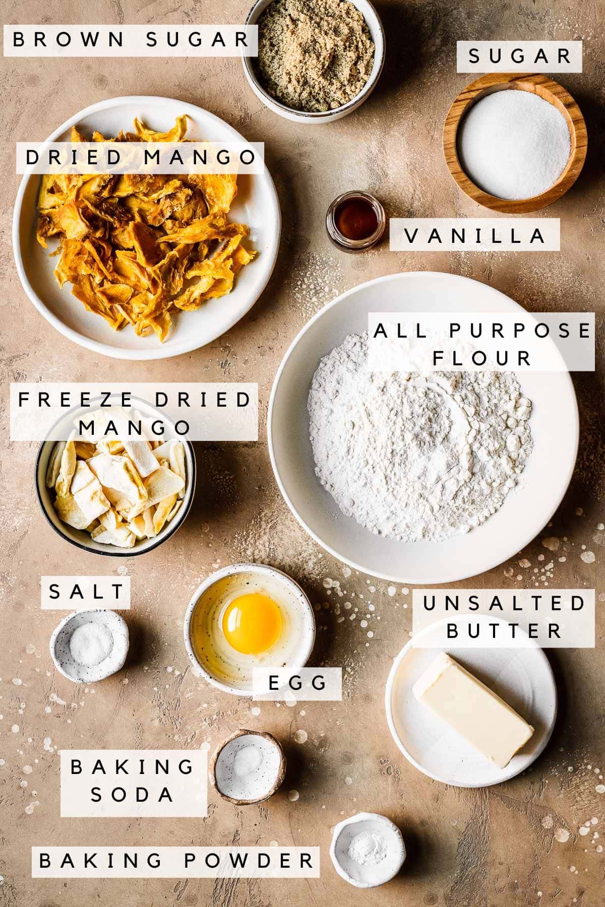 Labeled ingredients for a mango cookie recipe.