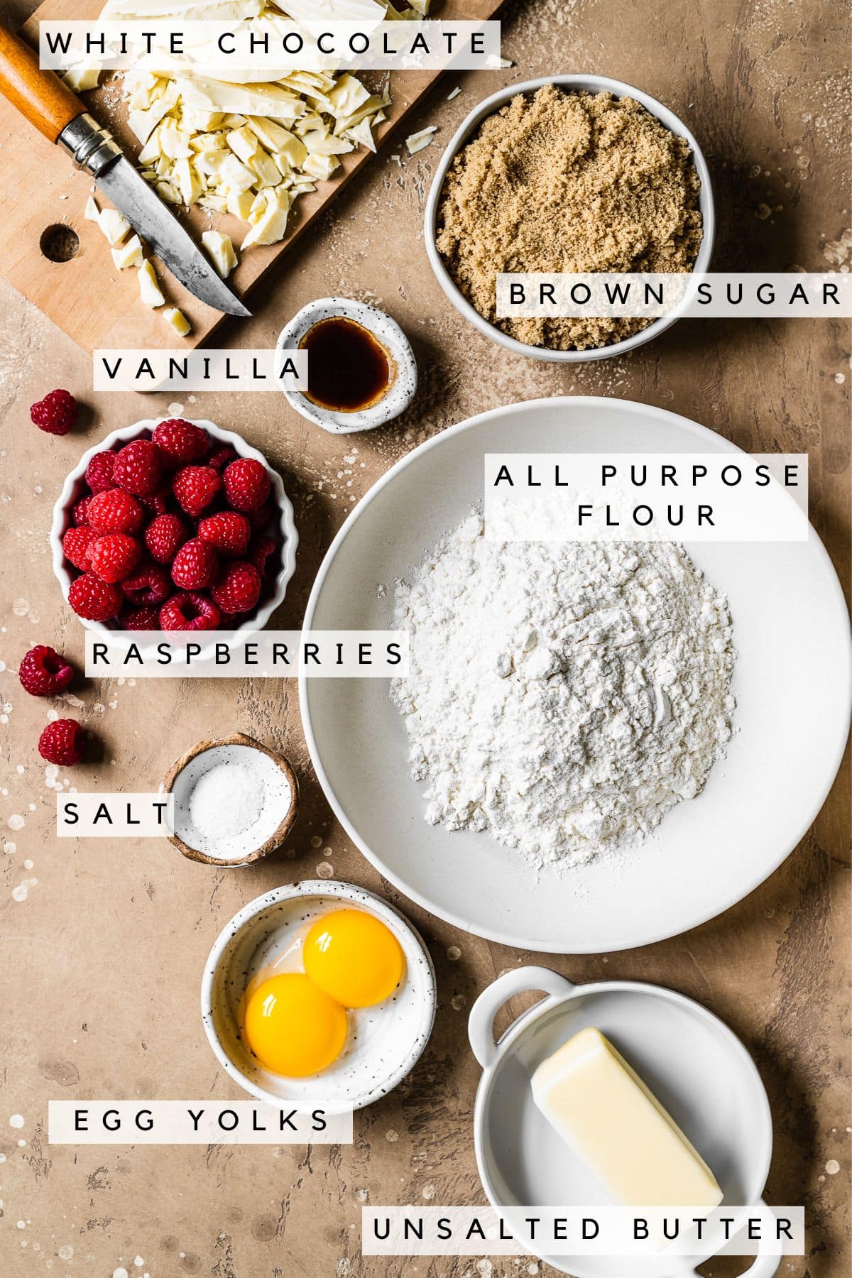 Labeled ingredients for raspberry and white chocolate blondies.