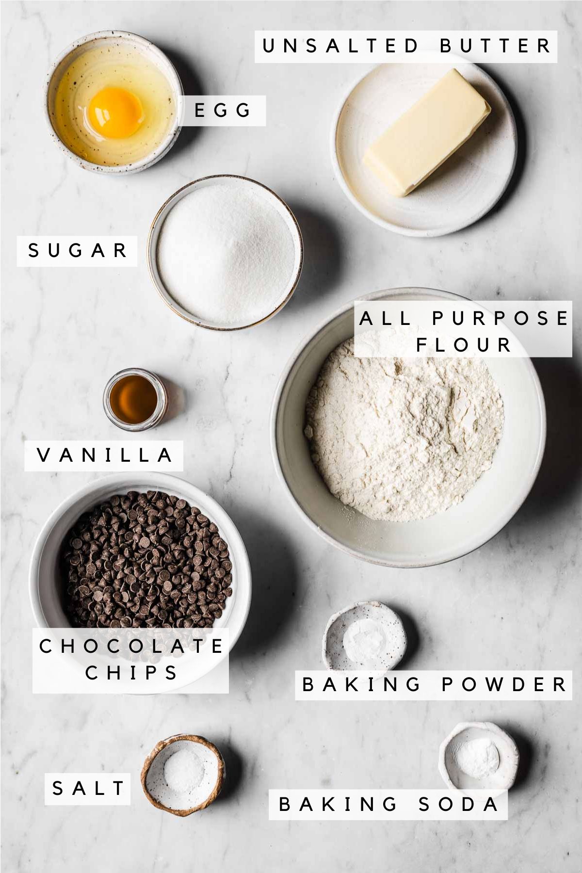 Labeled ingredients for chocolate chip cookies without brown sugar.