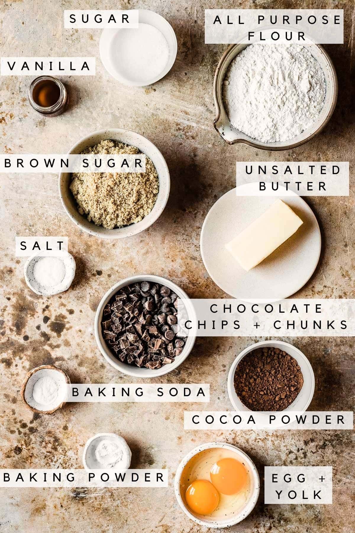 Labeled ingredients for chocolate cookies with cocoa powder.