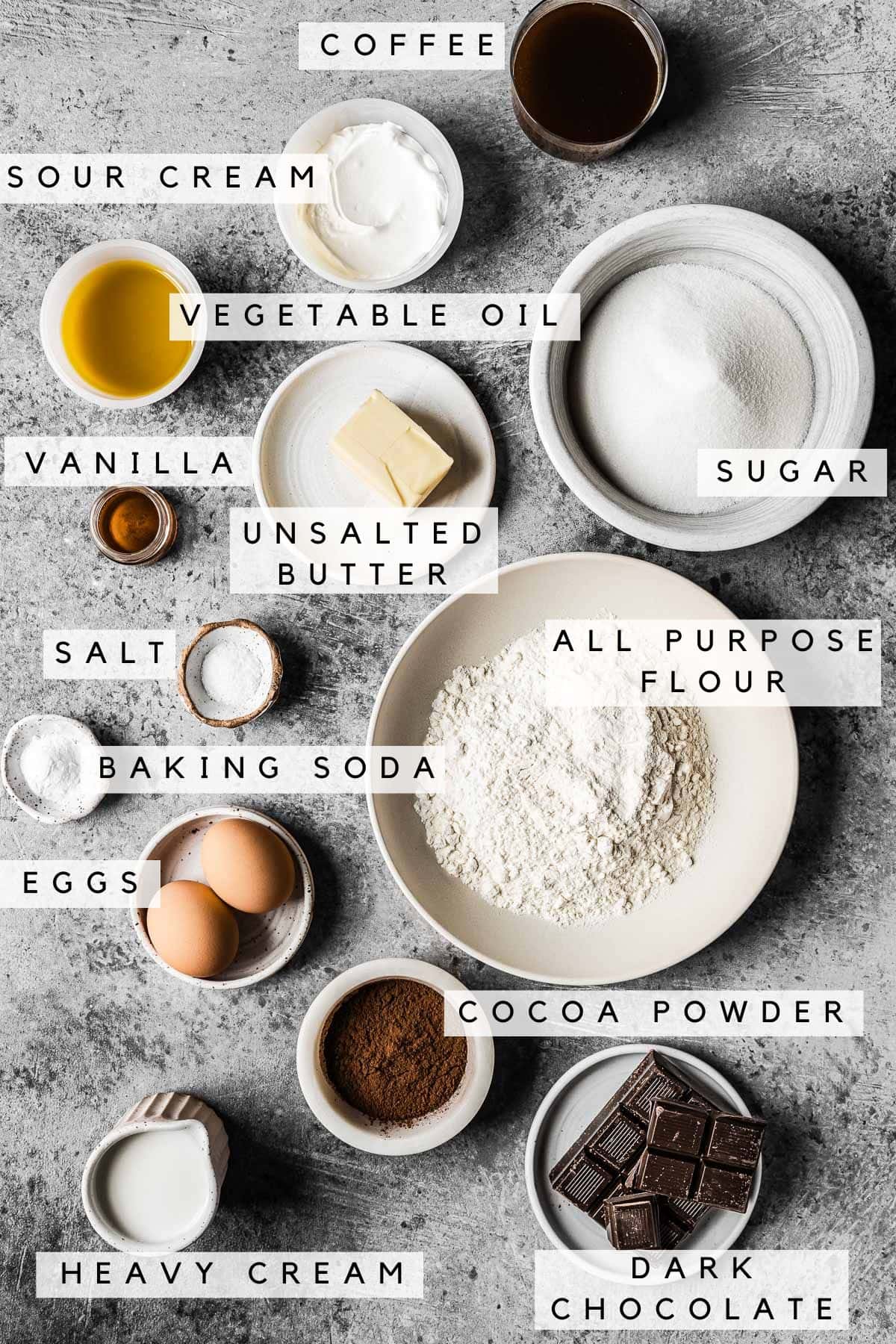 Labeled ingredients for chocolate ganache cake.