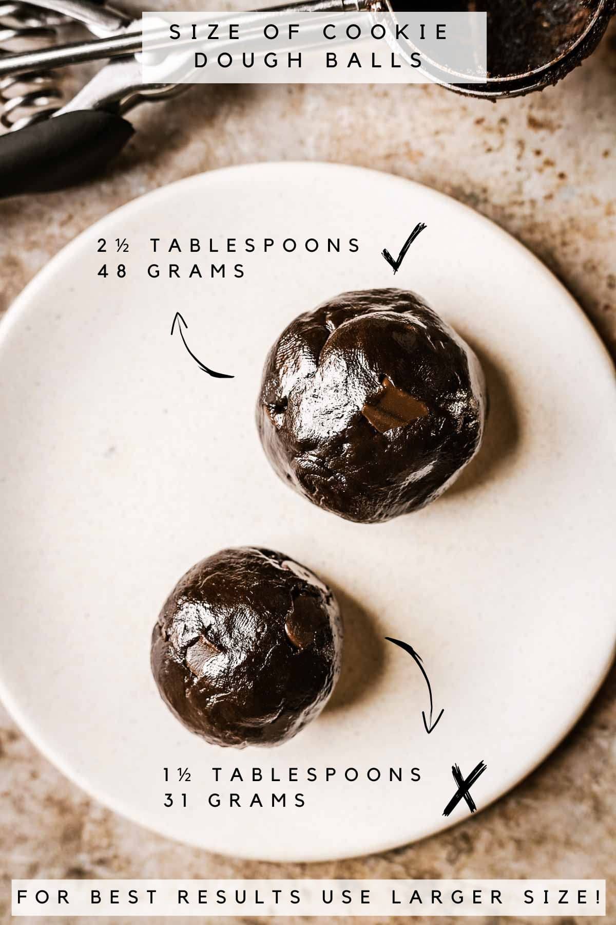 Two different sized scoops of chocolate cookie dough on a plate, labeled with size and weight.