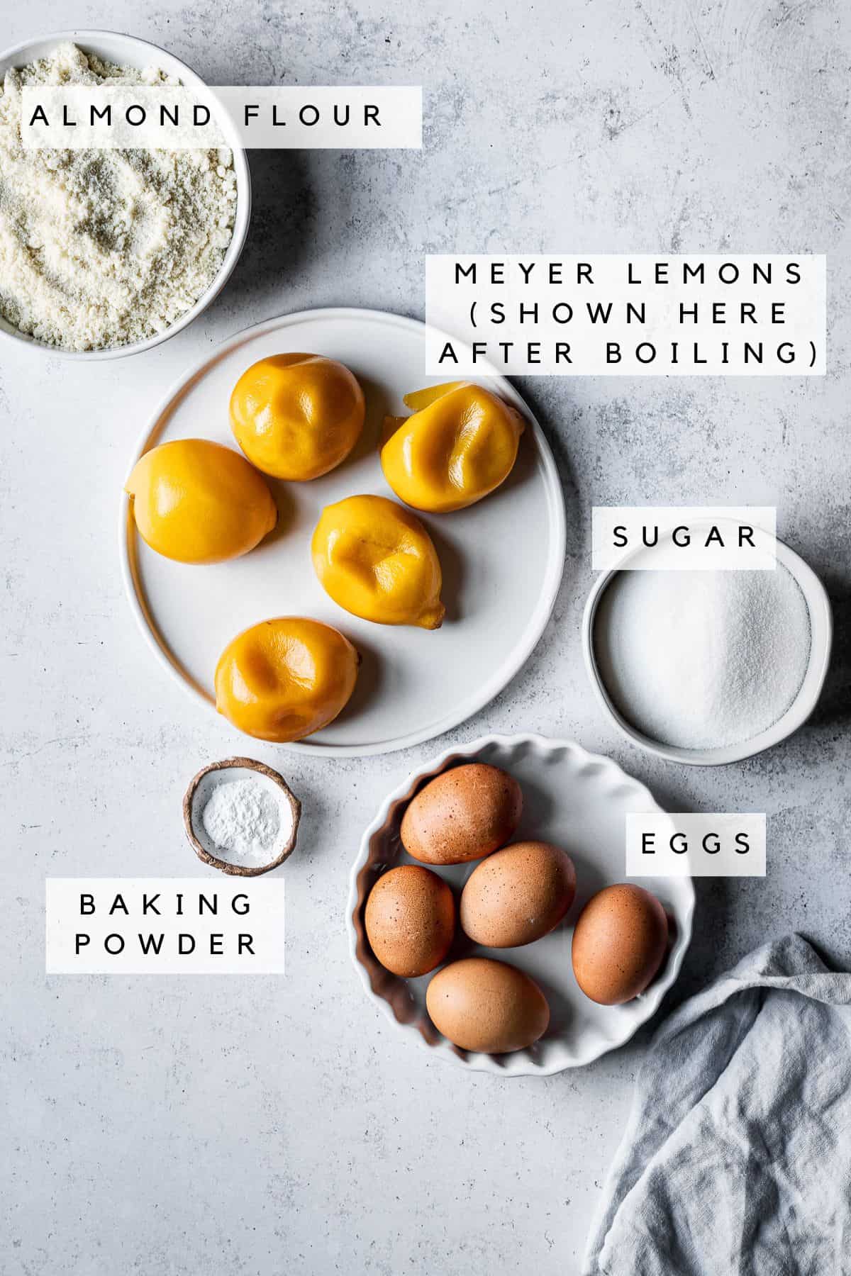 Cake ingredients in containers with labels for identification.