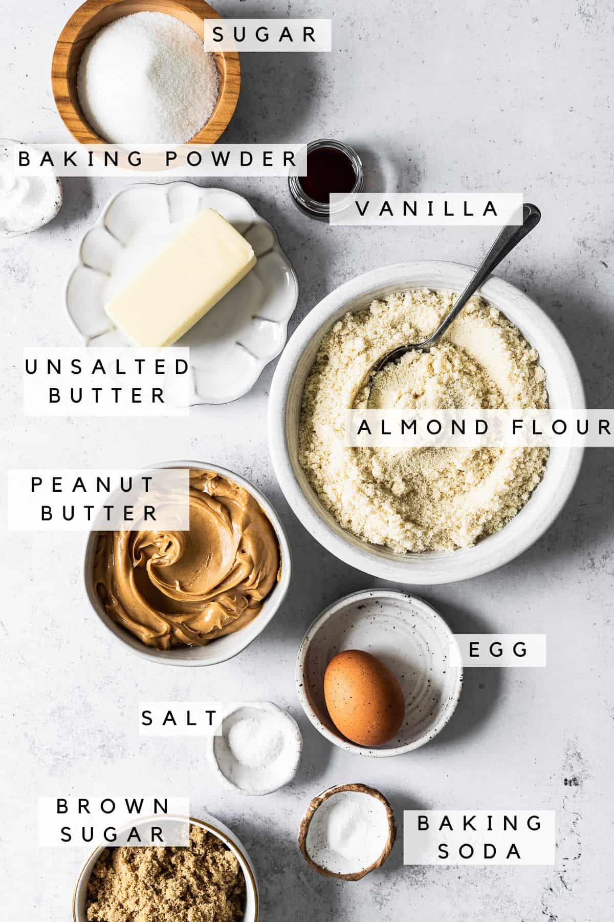 Cookie ingredients in bowls.