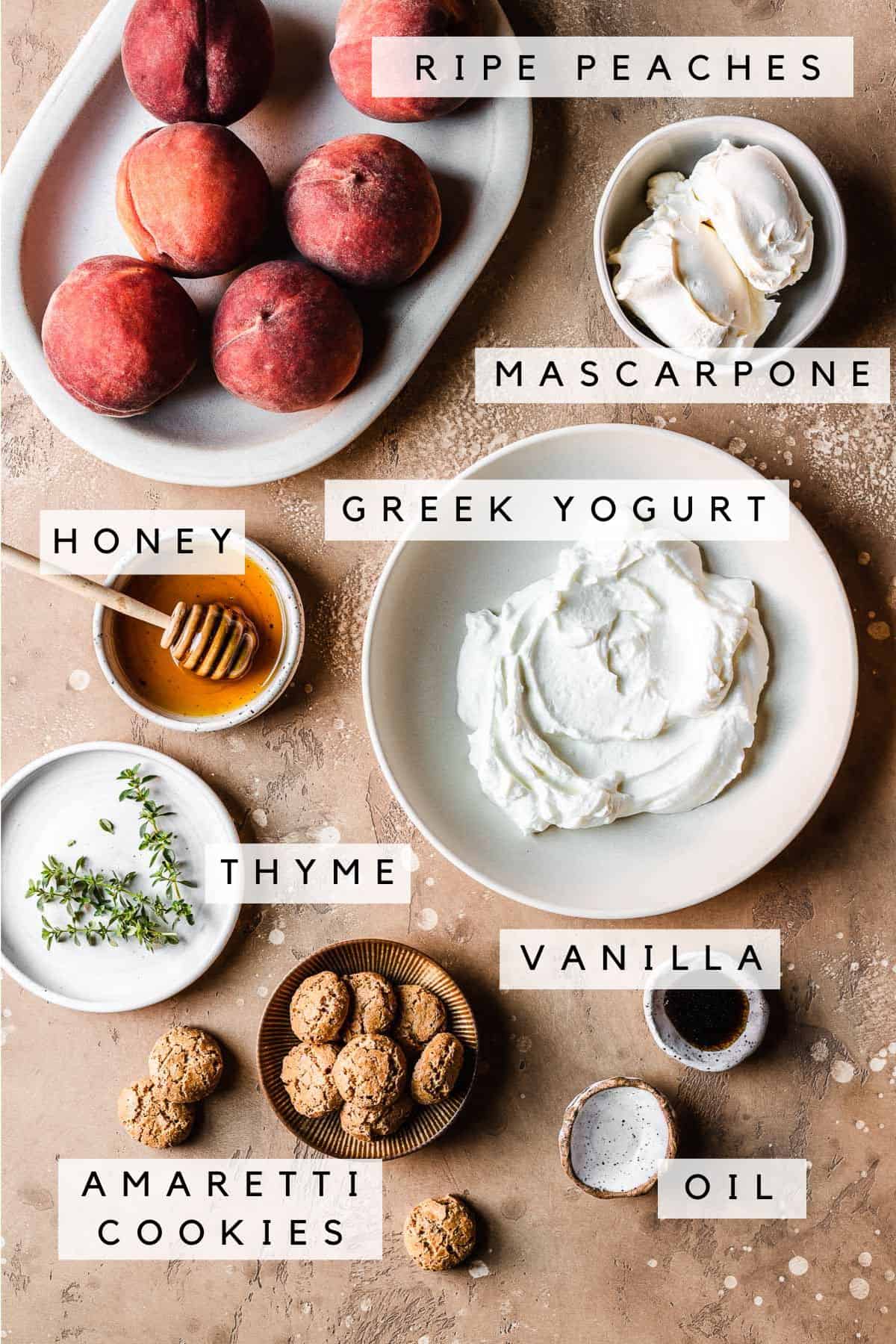 Ingredients for a recipe with peaches, mascarpone and honey.