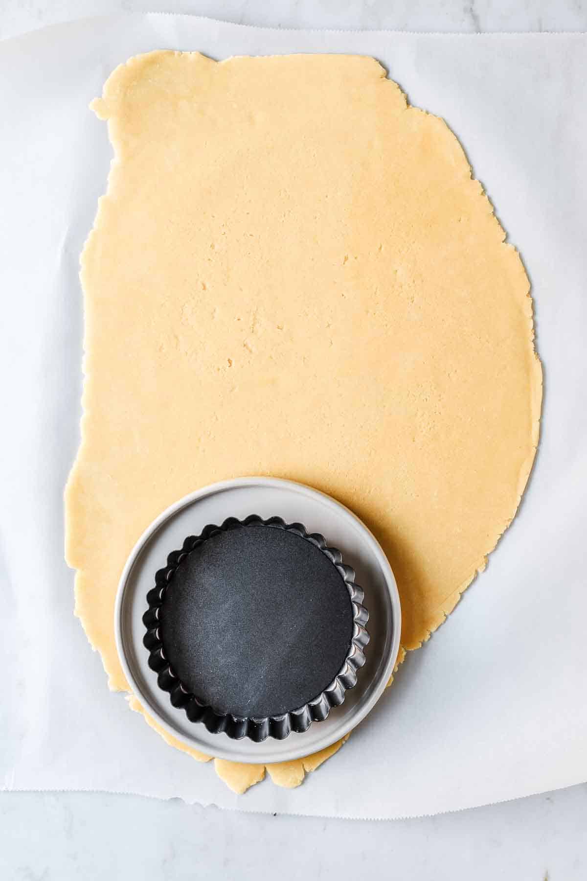 Rolled dough with a plate and small tart pan on top to show size of dough circle needed.