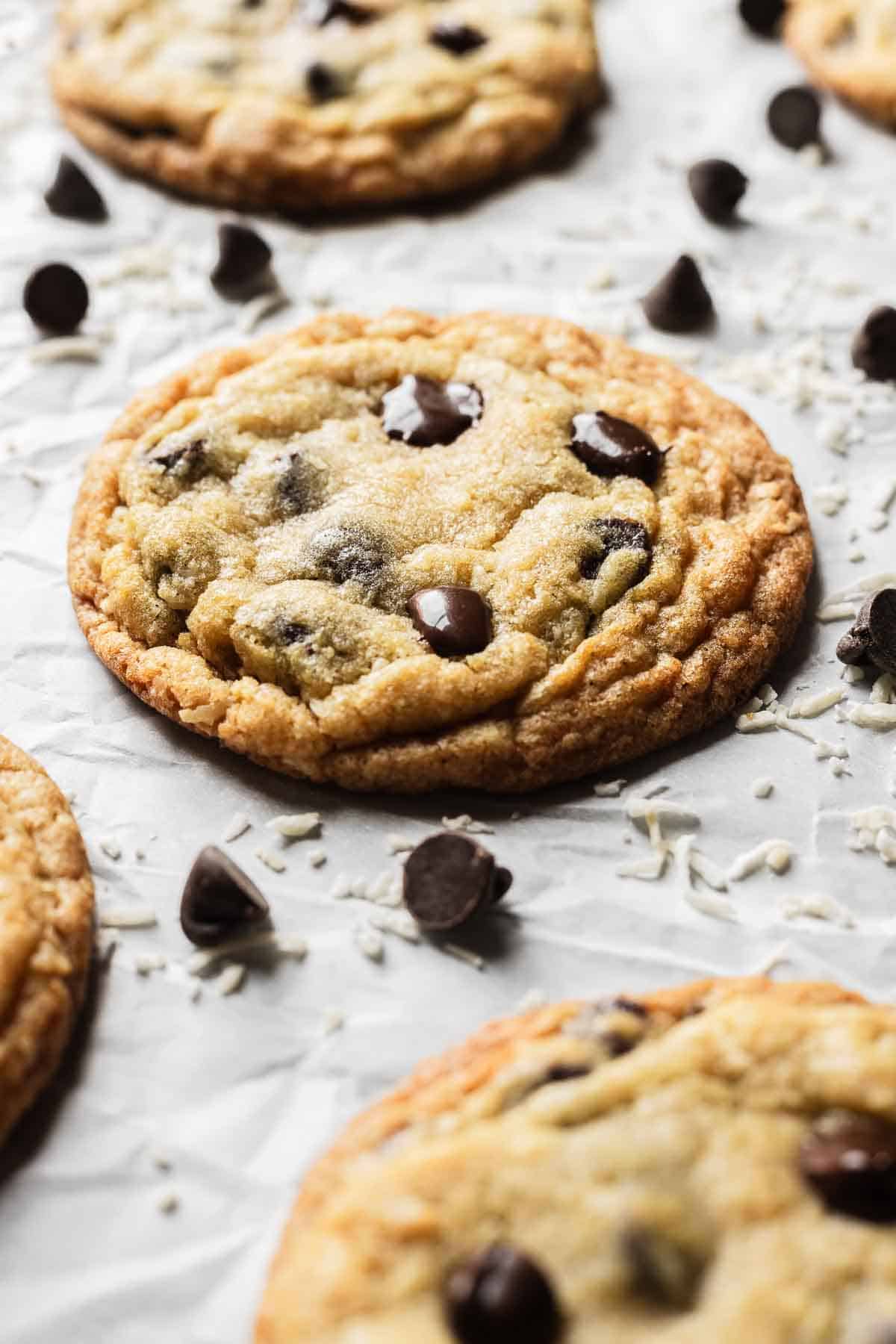 A baked cookie with melted chocolate chips on top.